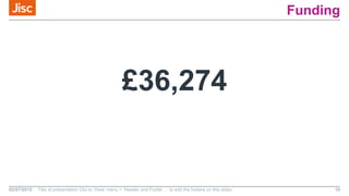 Funding
£36,274
02/07/2015 Title of presentation (Go to ‘View’ menu > ‘Header and Footer…’ to edit the footers on this slide) 10
 