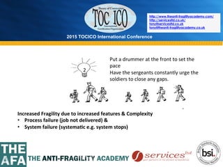 2015 TOCICO International Conference
©	
  2015	
  TOCICO.	
  All	
  Rights	
  Reserved.	
  	
  	
  	
  
http://www.theanti-fragilityacademy.com/
http://servicesltd.co.uk/
tony@servicesltd.co.uk
tony@theanti-fragilityacademy.co.uk
2	
  
Increased	
  Fragility	
  due	
  to	
  increased	
  features	
  &	
  Complexity	
  
•  Process	
  failure	
  (job	
  not	
  delivered)	
  &	
  	
  
•  System	
  failure	
  (systema/c	
  e.g.	
  system	
  stops)	
  
	
  
Put	
  a	
  drummer	
  at	
  the	
  front	
  to	
  set	
  the	
  
pace	
  
Have	
  the	
  sergeants	
  constantly	
  urge	
  the	
  
soldiers	
  to	
  close	
  any	
  gaps.	
  	
  	
  	
  	
  	
  	
  	
  	
  	
  	
  	
  	
  	
  	
  	
  	
  	
  
 