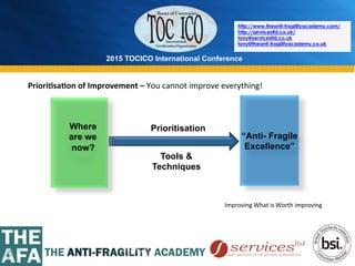 2015 TOCICO International Conference
©	
  2015	
  TOCICO.	
  All	
  Rights	
  Reserved.	
  	
  	
  	
  
http://www.theanti-fragilityacademy.com/
http://servicesltd.co.uk/
tony@servicesltd.co.uk
tony@theanti-fragilityacademy.co.uk
Where
are we
now?
“Anti- Fragile
Excellence”
Prioritisation
Tools &
Techniques
Priori/sa/on	
  of	
  Improvement	
  –	
  You	
  cannot	
  improve	
  everything!	
  
Improving	
  What	
  is	
  Worth	
  improving	
  
 