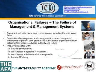 2015 TOCICO International Conference
©	
  2015	
  TOCICO.	
  All	
  Rights	
  Reserved.	
  	
  	
  	
  
http://www.theanti-fragilityacademy.com/
http://servicesltd.co.uk/
tony@servicesltd.co.uk
tony@theanti-fragilityacademy.co.uk
•  Organisa>onal	
  failures	
  are	
  now	
  commonplace,	
  including	
  those	
  of	
  iconic	
  
ﬁrms	
  
•  Conven>onal	
  management	
  and	
  management	
  systems	
  have	
  proved	
  
inadequate	
  to	
  protect	
  both	
  private	
  and	
  public	
  sector	
  organisa>ons	
  from	
  
catastrophic	
  incidents,	
  adverse	
  publicity	
  and	
  failure	
  
•  Fragility	
  associated	
  with:	
  
Ø  Vola>le	
  Environment	
  
Ø  Weaknesses	
  in	
  Systems	
  &	
  Processes	
  
Ø  Weaknesses	
  in	
  Behaviours	
  &	
  Management	
  
Ø  Rush	
  to	
  Eﬃciency	
  
Organisational Failures – The Failure of
Management & Management Systems
 