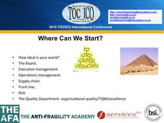 2015 TOCICO International Conference
©	
  2015	
  TOCICO.	
  All	
  Rights	
  Reserved.	
  	
  	
  	
  
http://www.theanti-fragilityacademy.com/
http://servicesltd.co.uk/
tony@servicesltd.co.uk
tony@theanti-fragilityacademy.co.uk
Where Can We Start?
•  How	
  ideal	
  is	
  your	
  world?	
  
•  The	
  Board.	
  
•  Execu>ve	
  management.	
  
•  Opera>ons	
  management.	
  
•  Supply	
  chain.	
  
•  Front	
  line.	
  
•  Risk	
  
•  The	
  Quality	
  Department-­‐	
  organisa>onal	
  quality/TQM/excellence	
  
 