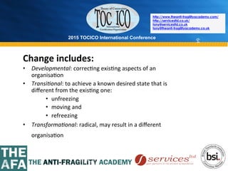 2015 TOCICO International Conference
©	
  2015	
  TOCICO.	
  All	
  Rights	
  Reserved.	
  	
  	
  	
  
http://www.theanti-fragilityacademy.com/
http://servicesltd.co.uk/
tony@servicesltd.co.uk
tony@theanti-fragilityacademy.co.uk
64
Change	
  includes:	
  
•  Developmental:	
  correc>ng	
  exis>ng	
  aspects	
  of	
  an	
  
organisa>on	
  
•  Transi4onal:	
  to	
  achieve	
  a	
  known	
  desired	
  state	
  that	
  is	
  
diﬀerent	
  from	
  the	
  exis>ng	
  one:	
  
•  unfreezing	
  
•  moving	
  and	
  	
  
•  refreezing	
  	
  	
  
•  Transforma4onal:	
  radical,	
  may	
  result	
  in	
  a	
  diﬀerent	
  
organisa>on 	
  	
  
	
  
 