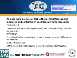 2015 TOCICO International Conference
©	
  2015	
  TOCICO.	
  All	
  Rights	
  Reserved.	
  	
  	
  	
  
http://www.theanti-fragilityacademy.com/
http://servicesltd.co.uk/
tony@servicesltd.co.uk
tony@theanti-fragilityacademy.co.uk
78
An	
  underlying	
  premise	
  of	
  TOC	
  is	
  that	
  organiza/ons	
  can	
  be	
  
measured	
  and	
  controlled	
  by	
  varia/ons	
  on	
  three	
  measures:	
  
THROUGHPUT	
  -­‐	
  	
  
The	
  rate	
  at	
  which	
  the	
  system	
  generates	
  money	
  through	
  fulﬁlling	
  customer	
  
requirements	
  
INVENTORY	
  -­‐	
  	
  
Everything	
  that	
  the	
  system	
  invests	
  in	
  that	
  it	
  intends	
  to	
  use	
  to	
  fulﬁl	
  customer	
  
requirements	
  
OPERATING	
  EXPENSE	
  -­‐	
  	
  
All	
  the	
  money	
  the	
  system	
  spends	
  in	
  turning	
  inventory	
  into	
  throughput	
  
 