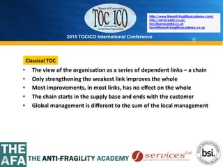 2015 TOCICO International Conference
©	
  2015	
  TOCICO.	
  All	
  Rights	
  Reserved.	
  	
  	
  	
  
http://www.theanti-fragilityacademy.com/
http://servicesltd.co.uk/
tony@servicesltd.co.uk
tony@theanti-fragilityacademy.co.uk
97
•  The	
  view	
  of	
  the	
  organisa/on	
  as	
  a	
  series	
  of	
  dependent	
  links	
  –	
  a	
  chain	
  
•  Only	
  strengthening	
  the	
  weakest	
  link	
  improves	
  the	
  whole	
  
•  Most	
  improvements,	
  in	
  most	
  links,	
  has	
  no	
  eﬀect	
  on	
  the	
  whole	
  
•  The	
  chain	
  starts	
  in	
  the	
  supply	
  base	
  and	
  ends	
  with	
  the	
  customer	
  
•  Global	
  management	
  is	
  diﬀerent	
  to	
  the	
  sum	
  of	
  the	
  local	
  management	
  
Classical	
  TOC	
  
 