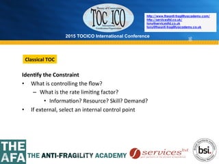 2015 TOCICO International Conference
©	
  2015	
  TOCICO.	
  All	
  Rights	
  Reserved.	
  	
  	
  	
  
http://www.theanti-fragilityacademy.com/
http://servicesltd.co.uk/
tony@servicesltd.co.uk
tony@theanti-fragilityacademy.co.uk
98
Iden/fy	
  the	
  Constraint	
  
•  What	
  is	
  controlling	
  the	
  ﬂow?	
  
–  What	
  is	
  the	
  rate	
  limi>ng	
  factor?	
  
•  Informa>on?	
  Resource?	
  Skill?	
  Demand?	
  
•  If	
  external,	
  select	
  an	
  internal	
  control	
  point	
  
Classical	
  TOC	
  
 