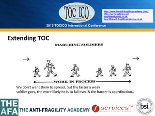 2015 TOCICO International Conference
©	
  2015	
  TOCICO.	
  All	
  Rights	
  Reserved.	
  	
  	
  	
  
http://www.theanti-fragilityacademy.com/
http://servicesltd.co.uk/
tony@servicesltd.co.uk
tony@theanti-fragilityacademy.co.uk
Extending	
  TOC	
  
	
  
We	
  don’t	
  want	
  them	
  to	
  spread,	
  but	
  the	
  faster	
  a	
  weak	
  	
  
soldier	
  goes,	
  the	
  more	
  likely	
  he	
  is	
  to	
  fall	
  over	
  &	
  the	
  harder	
  is	
  coordina>on..	
  
 