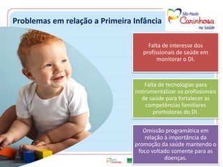 Problemas em relação a Primeira Infância
Falta de interesse dos profissionais de
saúde em monitorar o DI.
Falta de tecnologias para
instrumentalizar os profissionais
de saúde para fortalecer as
competências familiares
promotoras do DI.
Omissão programática em relação à
importância da promoção da saúde
mantendo o foco voltado somente
para as doenças.
 