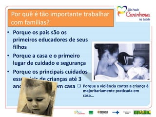 • Porque os pais são os primeiros educadores
de seus filhos
• Porque a casa e o primeiro lugar de cuidado e
segurança
• Porque os principais cuidados essenciais de
crianças até 3 anos é realizado em casa
Por quê é tão importante trabalhar com famílias?
 Porque a violência contra a criança é
majoritariamente praticada em casa……..
 