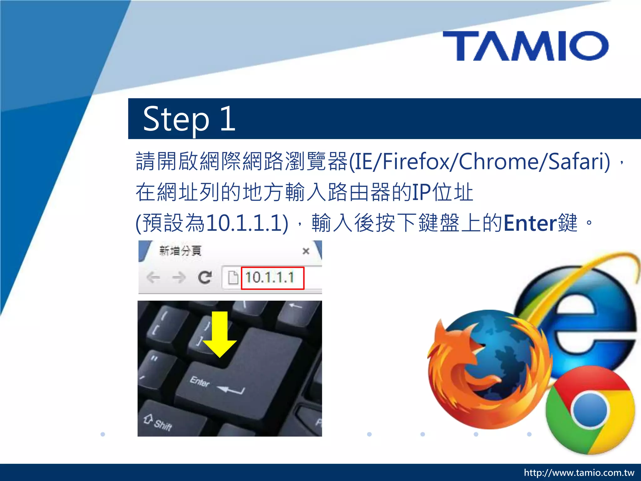 http://www.tamio.com.tw
Step 1
請開啟網際網路瀏覽器(IE/Firefox/Chrome/Safari)，
在網址列的地方輸入路由器的IP位址
(預設為10.1.1.1)，輸入後按下鍵盤上的Enter鍵。
 