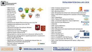 Г. ЕКАТЕРИНБУРГ
4 СЕНТЯБРЯ 2014#CODEIB
APPLE INC.
CALIFORNIA, USA#CODEIB WWW.DALLASLOCK.RU
ПОЛЬЗОВАТЕЛИ DALLAS LOCK
• ФНС России
• МВД России
• ФСИН России
• ФСТЭК России
• ФТС России
• ФСКН России
• Роскомнадзор
• Рособрнадзор
• Росстат
• Федеральное медико-биологическое агентство РФ
• Федеральное дорожное агентство РФ
• Банк России
• Национальный банк Республики Абхазия
• Правительство Москвы
• Правительство Санкт-Петербурга
• Администрации субъектов РФ
• Департаменты и центры занятости населения субъектов РФ
• Министерства и департаменты здравоохранения и социального
развития субъектов РФ
• Фонды ОМС субъектов РФ
• Министерства и комитеты по управлению имуществом, по
земельным отношениям субъектов РФ
• Высшие учебные заведения
• ОАО «ТАНЕКО»
• ООО «Газпром межрегионгаз»
• ОАО «СибурТюменьГаз»
• ЗАО «Донэнергосбыт»
• ОАО «Владимирская областная электросетевая компания»
• ООО «Саратовское предприятие городских электрических
сетей»
• ОАО «Первобанк»
• ОАО «Первый Республиканский Банк»
• ООО «Страховое общество «Сургутнефтегаз»
• ООО «Росгосстрах-Медицина»
• НПФ ВТБ
• НПФ «Сургутнефтегаз»
• ОАО «Детский мир»
• ОАО «Объединенная авиастроительная корпорация»
• ОАО «РСК МиГ»
• ОАО «Ангстрем»
• ФГУП «Росморпорт»
• ФГУП «ПО «Октябрь»
• ФГУП «ГосНИИПП» ФСТЭК России
• ФГУП «Гостехстрой» ФСТЭК России
• ОАО «Улан-Удэнский авиационный завод» («Вертолеты
России»)
и другие
Г. ЕКАТЕРИНБУРГ
3 СЕНТЯБРЯ 2015
 