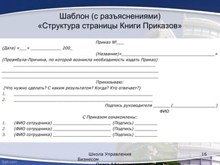 Шаблон (с разъяснениями)
«Структура страницы Книги Приказов»
Приказ №___
(Дата) «___» ____________ 200_
(Название)«_____________________________________»
(Преамбула-Причина, по которой возникла необходимость издать Приказ)
___________________________________________________________________
______________________________________________________________
______________________________________________________________
Приказываю:
(Что нужно сделать? С каким результатом? Когда? Кто отвечает?)
1. _______________________________________________________
2. _______________________________________________________
Подпись руководителя _______(_________________)
ФИО
С Приказом ознакомлены:
1. (ФИО сотрудника) _______________________ (Подпись) _________
2. (ФИО сотрудника) _______________________ (Подпись) _________
3. (ФИО сотрудника) _______________________ (Подпись) _________
Школа Управления
Бизнесом
16
 