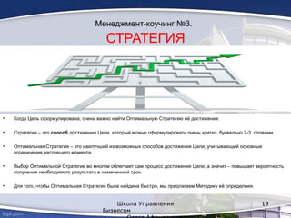 Менеджмент-коучинг №3.
СТРАТЕГИЯ
• Когда Цель сформулирована, очень важно найти Оптимальную Стратегию её достижения.
• Стратегия – это способ достижения Цели, который можно сформулировать очень кратко, буквально 2-3 словами.
• Оптимальная Стратегия – это наилучший из возможных способов достижения Цели, учитывающий основные
ограничения настоящего момента.
• Выбор Оптимальной Стратегии во многом облегчает сам процесс достижения Цели, а значит – повышает вероятность
получения необходимого результата в намеченный срок.
• Для того, чтобы Оптимальная Стратегия была найдена быстро, мы предлагаем Методику её определния.
Школа Управления
Бизнесом
19
 