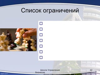 Список ограничений







Школа Управления
Бизнесом
22
 
