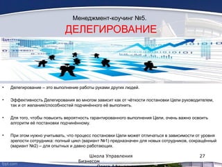 Менеджмент-коучинг №5.
ДЕЛЕГИРОВАНИЕ
• Делегирование – это выполнение работы руками других людей.
• Эффективность Делегирования во многом зависит как от чёткости постановки Цели руководителем,
так и от желания/способностей подчинённого её выполнить.
• Для того, чтобы повысить вероятность гарантированного выполнения Цели, очень важно освоить
алгоритм её постановки подчинённому.
• При этом нужно учитывать, что процесс постановки Цели может отличаться в зависимости от уровня
зрелости сотрудника: полный цикл (вариант №1) предназначен для новых сотрудников, сокращённый
(вариант №2) – для опытных и давно работающих.
Школа Управления
Бизнесом
27
 