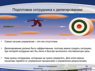 Подготовка сотрудника к делегированию
• Самое лучшее управление – это его отсутствие.
• Делегирование должно быть эффективным, поэтому важно создать ситуацию,
при которой сотрудник мог бы легко и быстро выполнить поставленную цель.
• Нам нужны сотрудники, которыми не нужно управлять. Для этого важно
пошагово перейти от управления процессами к управлению результатами.
Школа Управления
Бизнесом
30
 