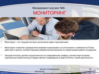 Менеджмент-коучинг №6.
МОНИТОРИНГ
• Мониторинг – это текущий контроль выполнения задач подчинёнными.
• Мониторинг позволяет руководителю вовремя отреагировать на отклонения от намеченного Плана
действий и принять соответствующие управленческие решения по корректировке работы сотрудника.
• Текущий контроль должен осуществляться по утверждённому графику, соответствуя которому
подчинённые самостоятельно предоставляют информацию в виде Отчётов о своей деятельности.
Школа Управления
Бизнесом
32
 