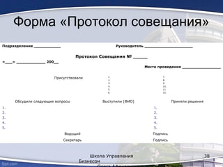 Форма «Протокол совещания»
Подразделение ___________ Руководитель ____________________
Протокол Совещания № _____
«___» ____________ 200__
Место проведения ________________
Присутствовали 1.
2.
3.
4.
5.
6.
7.
8.
9.
10.
11.
12.
Обсудили следующие вопросы Выступили (ФИО) Приняли решения
1.
2.
3.
4.
5.
1.
2.
3.
4.
5.
Ведущий Подпись
Секретарь Подпись
Школа Управления
Бизнесом
38
 