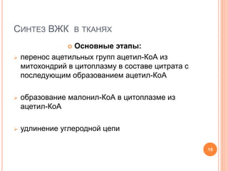 СИНТЕЗ ВЖК В ТКАНЯХ
 Основные этапы:
 перенос ацетильных групп ацетил-КоА из
митохондрий в цитоплазму в составе цитрата с
последующим образованием ацетил-КоА
 образование малонил-КоА в цитоплазме из
ацетил-КоА
 удлинение углеродной цепи
15
 