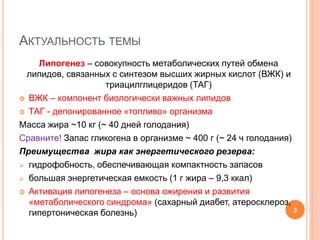 АКТУАЛЬНОСТЬ ТЕМЫ
Липогенез – совокупность метаболических путей обмена
липидов, связанных с синтезом высших жирных кислот (ВЖК) и
триацилглицеридов (ТАГ)
 ВЖК – компонент биологически важных липидов
 ТАГ - депонированное «топливо» организма
Масса жира ~10 кг (~ 40 дней голодания)
Сравните! Запас гликогена в организме ~ 400 г (~ 24 ч голодания)
Преимущества жира как энергетического резерва:
 гидрофобность, обеспечивающая компактность запасов
 большая энергетическая емкость (1 г жира – 9,3 ккал)
 Активация липогенеза – основа ожирения и развития
«метаболического синдрома» (сахарный диабет, атеросклероз,
гипертоническая болезнь) 3
 