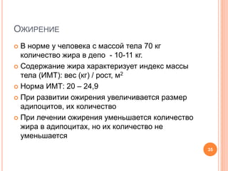 ОЖИРЕНИЕ
 В норме у человека с массой тела 70 кг
количество жира в депо - 10-11 кг.
 Содержание жира характеризует индекс массы
тела (ИМТ): вес (кг) / рост, м2
 Норма ИМТ: 20 – 24,9
 При развитии ожирения увеличивается размер
адипоцитов, их количество
 При лечении ожирения уменьшается количество
жира в адипоцитах, но их количество не
уменьшается
35
 
