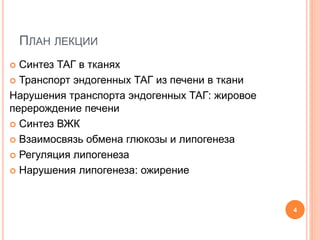 ПЛАН ЛЕКЦИИ
 Синтез ТАГ в тканях
 Транспорт эндогенных ТАГ из печени в ткани
Нарушения транспорта эндогенных ТАГ: жировое
перерождение печени
 Синтез ВЖК
 Взаимосвязь обмена глюкозы и липогенеза
 Регуляция липогенеза
 Нарушения липогенеза: ожирение
4
 