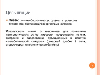 ЦЕЛЬ ЛЕКЦИИ
 Знать: химико-биологическую сущность процессов
липогенеза, протекающих в организме человека
Использовать знания о липогенезе для понимания
патогенетических основ жирового перерождения печени,
ожирения и заболеваний, объединенных в понятие
«метаболический синдром» (сахарный диабет 2 типа,
атеросклероз, гипертоническая болезнь)
5
 