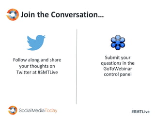 #SMTLive
Join the Conversation…
Follow along and share
your thoughts on
Twitter at #SMTLive
Submit your
questions in the
GoToWebinar
control panel
 
