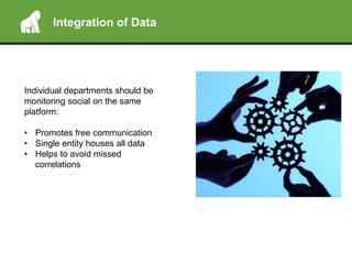Integration of Data
Individual departments should be
monitoring social on the same
platform:
• Promotes free communication
• Single entity houses all data
• Helps to avoid missed
correlations
 