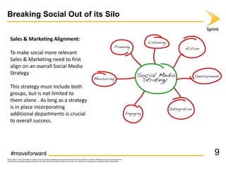©2015 Sprint. This information is subject to Sprint policies regarding use and is the property of Sprint and/or its relevant affiliates and may contain restricted,
confidential or privileged materials intended for the sole use of the intended recipient. Any review, use, distribution or disclosure is prohibited without authorization.
Breaking Social Out of its Silo
#moveforward 9
Sales & Marketing Alignment:
To make social more relevant
Sales & Marketing need to first
align on an overall Social Media
Strategy
This strategy must include both
groups, but is not limited to
them alone . As long as a strategy
is in place incorporating
additional departments is crucial
to overall success.
 