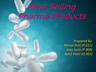Best Selling
Pharma Products
Prepared By:
Mrinal Patil (P-011)
Alay Joshi (P-008)
Rohit Patel (Q-003)
 