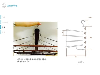 Upcycling
< 도면 >
재료
아이디어
과정
완성
옷걸이의 삼각구조를 활용하여 책상귀퉁이
에 놓을 수도 있다.
 