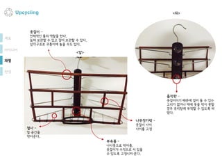 Upcycling
흡착판 –
옷걸이이기 때문에 걸어 둘 수 있는
고리가 없거나 벽에 못을 박지 못할
경우 유리창에 부착할 수 있도록 하
였다.
아이디어
나무젓가락 -
옷걸이 사이
사이를 고정철사 -
밑 공간을
막아준다.
부속품 -
나사못으로 박아줌.
옷걸이가 수직으로 서 있을
수 있도록 고정시켜 준다.
옷걸이 –
전체적인 틀의 역할을 한다.
눕혀 보관할 수 있고 걸어 보관할 수 있다.
삼각구조로 귀퉁이에 놓을 수도 있다.
<뒤>
<앞>
재료
과정
완성
 