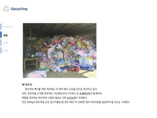Upcycling
과정
완성
아이디어
재료
폐 현수막
현수막의 폐기를 위한 처리에는 약 28억 원이 소요될 것으로 추산하고 있다.
또한, 현수막을 소각할 경우에는 이산화탄소와 다이옥신 등 유해물질들이 발생하며,
매립할 경우에도 현수막에 사용된 염료로 인한 토양오염이 우려된다.
연간 200kg의 현수막을 모두 업사이클링 할 경우 매년 약 2,800만 원의 처리비용을 절감하게 될 것으로 기대한다
 