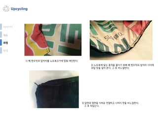 Upcycling
과정
완성
아이디어
재료
2) 노트북에 닿는 충격을 줄이기 위해 폐 현수막과 앞치마 사이에
과일 망을 넣어 준다. 그 후 바느질한다.
1) 폐 현수막과 앞치마를 노트북크기에 맞춰 재단한다.
3) 앞면과 뒷면을 지퍼로 연결하고 나머지 면을 바느질한다.
그 후 뒤집는다.
 