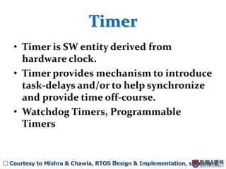 12
Timer
• Timer is SW entity derived from
hardware clock.
• Timer provides mechanism to introduce
task-delays and/or to help synchronize
and provide time off-course.
• Watchdog Timers, Programmable
Timers
□ Courtesy to Mishra & Chawla, RTOS Design & Implementation, slideshare.
 