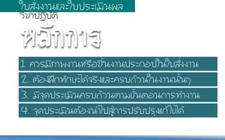 ËหÅลÑั¡ก¡กÒาÃร
1. ¤คÇวÃรÁมÕีÀภÒา¾พ§งÒา¹นËหÃร×ืÍอªชÔิé้¹น§งÒา¹น»ปÃรÐะ¡กÍอºบãใ¹นãใºบÊสÑัè่§ง§งÒา¹น
2. µตŒŒÍอ§ง½ฝƒƒ¡ก·ท∙Ñั¡กÉษÐะäไ´ดŒŒ¨จÃรÔิ§งáแÅลÐะ¤คÃรºบ¶ถŒŒÇว¹นãใ¹น§งÒา¹น¹นÑัé้¹นæๆ
3. ÁมÕี¨จØุ´ด»ปÃรÐะàเÁมÔิ¹น¤คÃรºบ¶ถŒŒÇว¹นµตÒาÁม¢ขÑัé้¹นµตÍอ¹น¡กÒาÃร·ท∙Óำ§งÒา¹น
4. ¨จØุ´ด»ปÃรÐะàเÁมÔิ¹นµตŒŒÍอ§ง¹นÓำäไ»ปÊสÙู‹‹¡กÒาÃร»ปÃรÑัºบ»ปÃรØุ§งáแ¡กŒŒäไ¢ขäไ´ดŒŒ
ãใºบÊสÑัè่§ง§งÒา¹นáแÅลÐะãใºบ»ปÃรÐะàเÁมÔิ¹น¼ผÅล
ÇวÔิªชÒา»ป¯ฏÔิºบÑัµตÔิ
 