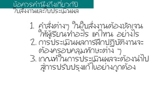 1.  ¤คÓำÊสÑัè่§งµต‹‹Òา§งæๆ ãใ¹นãใºบÊสÑัè่§ง§งÒา¹นµตŒŒÍอ§งªชÑั´ดàเ¨จ¹น
ãใËหŒŒ¼ผÙูŒŒàเÃรÕีÂย¹น·ท∙ÓำÍอÐะäไÃร áแ¤ค‹‹äไËห¹น ÍอÂย‹‹Òา§งäไÃร
2. ¡กÒาÃร»ปÃรÐะàเÁมÔิ¹น¼ผÅล¡กÒาÃร½ฝƒƒ¡ก»ป¯ฏÔิºบÑัµตÔิ§งÒา¹น¨จÐะ
µตŒŒÍอ§ง¤คÃรÍอºบ¤คÅลØุÁม·ท∙Ñั¡กÉษÐะµต‹‹Òา§ง æๆ
3. àเ¡ก³ณ±ฑãใ¹น¡กÒาÃร»ปÃรÐะàเÁมÔิ¹น¼ผÅล¨จÐะµตŒŒÍอ§ง¹นÓำäไ»ป
ÊสÙู‹‹¡กÒาÃร»ปÃรÑัºบ»ปÃรØุ§งáแ¡กŒŒäไ¢ขÍอÂย‹‹Òา§ง¶ถÙู¡กµตŒŒÍอ§ง
¢ขŒŒÍอ¤คÇวÃร¤คÓำ¹นÖึ§ง¶ถÖึ§งàเ¡กÕีè่ÂยÇว¡กÑัºบÔิ
ãใºบÊสÑัè่§ง§งÒา¹นáแÅลÐะãใºบ»ปÃรÐะàเÁมÔิ¹น¼ผÅล
 