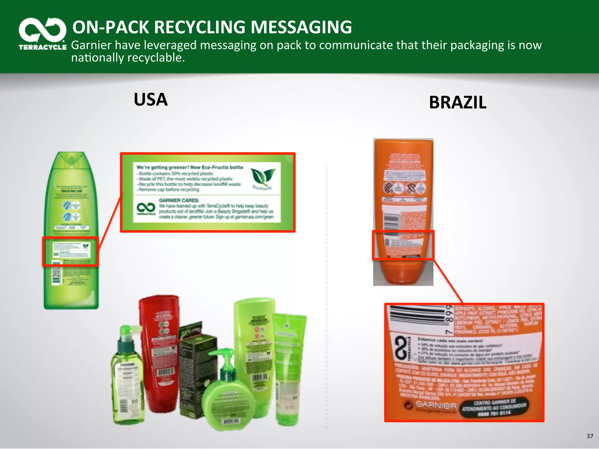 37	
  
ON-­‐PACK	
  RECYCLING	
  MESSAGING	
  
Garnier	
  have	
  leveraged	
  messaging	
  on	
  pack	
  to	
  communicate	
  that	
  their	
  packaging	
  is	
  now	
  
naSonally	
  recyclable.	
  
USA	
   BRAZIL	
  
 