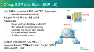 Обзор BGP Link-State (BGP-LS)
Use BGP to advertise LSDB and TED of a network
§  New link-state address family
Support for OSPF and ISIS LSDB
Advantages
§  Single upstream topology feed (BGP)
§  IGP isolated from external entities
§  Leverage well-known BGP security,
transport and policy knobs
§  Enables operator control
Support introduced in IOS XR 5.1.1
Implementations: WAN Automation Engine (WAE),
OpenDaylight (ODL)
Domain 1 Domain 2
Domain 0
BGP-LS
BGP-LS BGP-LS
RR
PCE
TED
LSP DB
18
 
