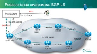Референсная диаграмма: BGP-LS
OpenDaylight
192.168.96.0/29
.1
.2
192.168.x.x/31
64.4/31
64.0/31
192.4/31 192.6/31
128.2/31
128.0/31
192.0/31
AG04-4
10.99.8.8/32
AG04-2
10.99.2.2/32
AG06-3
10.99.5.5
AG06-1
10.99.3.3
AG06-2
10.99.4.4
AG06-4
10.99.6.6
AG04-1
10.99.1.1
172.18.152.3/24
For Your
Reference
BGP-LS
REST
19
 