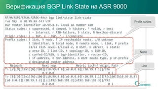 RP/0/RSP0/CPU0:ASR9K-4#sh	bgp	link-state	link-state		
Tue	May		6	00:09:45.523	UTC	
BGP	router	identifier	10.99.8.8,	local	AS	number	100	
Status	codes:	s	suppressed,	d	damped,	h	history,	*	valid,	>	best	
														i	-	internal,	r	RIB-failure,	S	stale,	N	Nexthop-discard	
Origin	codes:	i	-	IGP,	e	-	EGP,	?	-	incomplete	
Prefix	codes:	E	link,	V	node,	T	IP	reacheable	route,	u/U	unknown	
														I	Identifier,	N	local	node,	R	remote	node,	L	link,	P	prefix	
														L1/L2	ISIS	level-1/level-2,	O	OSPF,	D	direct,	S	static	
														a	area-ID,	l	link-ID,	t	topology-ID,	s	ISO-ID,	
														c	confed-ID/ASN,	b	bgp-identifier,	r	router-ID,	
														i	if-address,	n	nbr-address,	o	OSPF	Route-type,	p	IP-prefix	
														d	designated	router	address	
			Network												Next	Hop												Metric	LocPrf	Weight	Path	
*>	[V][O][I0x1][N[c100][b10.99.8.8][a0.0.0.0][r10.99.1.1]]/376	
																						0.0.0.0																																0	i		
*>	[E][O][I0x1][N[c100][b10.99.8.8][a0.0.0.0][r10.99.1.1]][R[c100][b10.99.8.8]
[a0.0.0.0][r10.99.2.2]][L[i192.168.192.2][n192.168.192.3]]/792	
																						0.0.0.0																																0	i	
			
Prefix codes
Node
Link
21
Верификация BGP Link State на ASR 9000
 