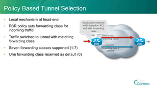 Policy Based Tunnel Selection
•  Local mechanism at head-end
•  PBR policy sets forwarding class for
incoming traffic
•  Traffic switched to tunnel with matching
forwarding class
•  Seven forwarding classes supported (1-7)
•  One forwarding class reserved as default (0)
PE1
PE2
Tunnel-te1000
Forwarding class 1
Tunnel-te2000
Forwarding class 0
(default)
Input policy matches
traffic based on ACL
and sets forwarding
class
35
 