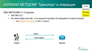 ASR9000 NETCONF Транспорт и операции
SSH NETCONF (1.1) session:
§  IOS XR 5.3.1
§  On client utilize ssh with –s to request invocation of subsystem on server (router)
—  ssh lab@172.18.152.20 -p 830 -s netconf
Transport
Messages
Operations
Content
Client Server
<rpc>
<rpc-reply>
44
 