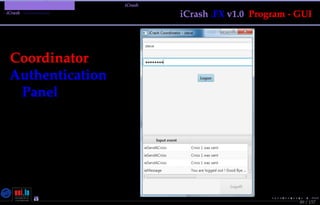 TMPA-2015-Keynote - Part: Illustration: The iCrash MessepVariant
iCrash - Construction
89 / 157
iCrash .FX v1.0 Program - GUI
Coordinator
Authentication
Panel
Nicolas Guelﬁ- Wednesday 11th November, 2015 (23:06) - University of Luxembourg, LU
 