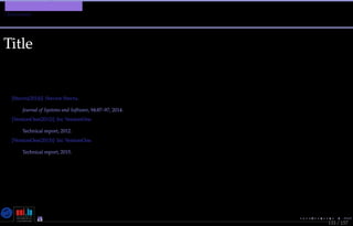 TMPA-2015-Keynote - Part: Conclusion
Discussion
Title
[Stavru(2014)] Stavros Stavru.
A critical examination of recent industrial surveys on agile method usage.
Journal of Systems and Software, 94:87–97, 2014.
[VersionOne(2012)] Inc VersionOne.
6th annual state of agile survey.
Technical report, 2012.
[VersionOne(2015)] Inc VersionOne.
9th annual state of agile survey.
Technical report, 2015.
133 / 157
Nicolas Guelﬁ- Wednesday 11th November, 2015 (23:06) - University of Luxembourg, LU
 