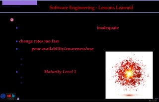 TMPA-2015-Keynote - Part: Software Engineering Education
Lessons Learned ?
40 / 157
Software Engineering - Lessons Learned
2 Shared 68 Crisis Syndrome
• theories/methods/tools taught (mainly) inadequate
w.r.t. industry needs
• change rates too fast for SE education (& research)
• (very) poor availability/awareness/use of standards
in SE Education
◦ SWEBOK weakly covered
◦ GSwE2009/SE2014 weakly implemented
• SE Education Maturity Level 1 - Initial
◦ Process is ad hoc, even chaotic
◦ Success depends on individual effort and heroics
Nicolas Guelﬁ- Wednesday 11th November, 2015 (23:06) - University of Luxembourg, LU
 