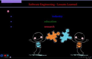 TMPA-2015-Keynote - Part: Software Engineering Education
Lessons Learned ?
45 / 157
Software Engineering - Lessons Learned
7 Forgotten Pragmatics Syndrome
• SE Problems encountered by the industry
• SE Problems addressed in education
• SE Problems addressed in research
Nicolas Guelﬁ- Wednesday 11th November, 2015 (23:06) - University of Luxembourg, LU
 