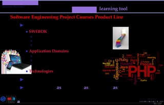TMPA-2015-Keynote - Part: An Experimental Remedy
Proposal Main Idea ?
50 / 157
Messep learning tool
Software Engineering Project Courses Product Line
Variation points include:
• SWEBOK
◦ Knowledge areas (KA)
◦ Topics (TP)
◦ Sub-topics (STP)
• Application Domains ([Heiman(2010)])
◦ Market (MK)
◦ Categories (CT)
◦ Sub-Categories (SCT)
• Technologies
not a one for all approach
Flexibility: an as complete as consistent as wished
approach for the targeted SE learning objectives
Nicolas Guelﬁ- Wednesday 11th November, 2015 (23:06) - University of Luxembourg, LU
 