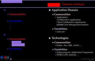 TMPA-2015-Keynote - Part: An Experimental Remedy
Proposal Main Idea ?
51 / 157
Messep : Domain Artefacts
SE Project Course Deﬁnition
• Commonalities
◦ none !
• Variabilities
◦ process, schedule
◦ activities, workload
◦ evaluation
SWEBOK
• Commonalities
◦ Messir(KA1-REQ, KA4-TEST,...)
◦ Excalibur (KA3.5-CONS.TOOLS)
• Variabilities
◦ KA1-REQ topics & subtopics
◦ KA9-MOD
◦ potentially all KAs
Application Domain
• Commonalities
◦ Applications
/Collaborative Applications
/Team Collaborative Applications
(iCrash Crisis Management Systems)
• Variabilities
◦ none yet !
Technologies
• Commonalities
◦ Eclipse , Java , SQL , JavaFx ,...
• Variabilities
◦ Eclipse plug-ins, Application Components
◦ HTML5, iOS, Android, ...
Nicolas Guelﬁ- Wednesday 11th November, 2015 (23:06) - University of Luxembourg, LU
 