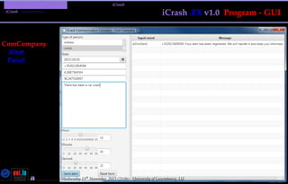 TMPA-2015-Keynote - Part: Illustration: The iCrash MessepVariant
iCrash - Construction
84 / 157
iCrash .FX v1.0 Program - GUI
ComCompany
Alert
Panel
Nicolas Guelﬁ- Wednesday 11th November, 2015 (23:06) - University of Luxembourg, LU
 